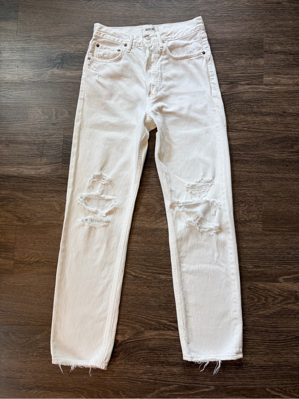 AGOLDE White Distressed Jeans Size 24 High Rise Wide Leg Designer Denim